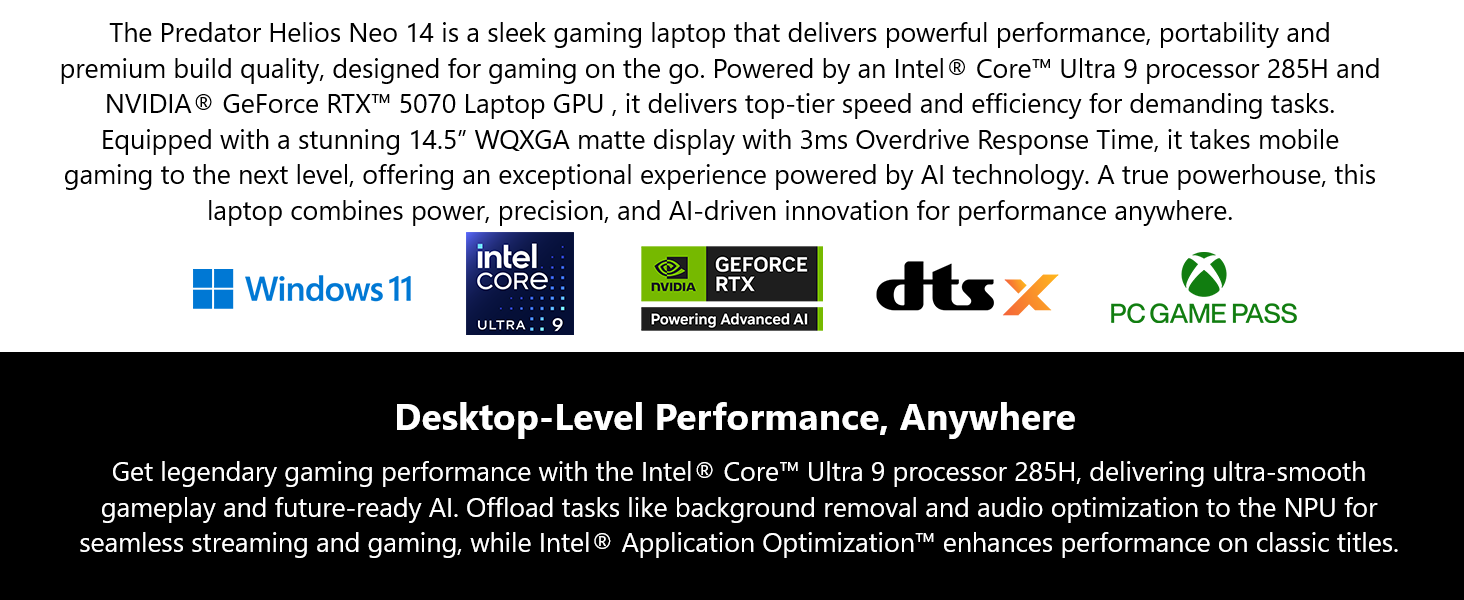 acer Predator Intel; RTX laptop; 14.5” gaming laptop; Intel gaming laptops; DDR5; RTX 50; Creator